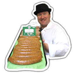 Man holding a tray of local wisconsin made sausages